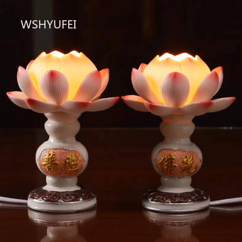 LED Lotus Lamp plug-in version Buddha Hall Chief Lamp Chinese ceramic lotus lamp ornament Household Worship Decor Crafts