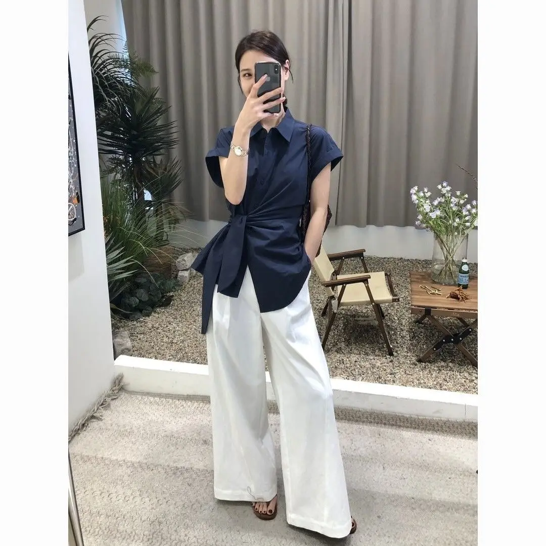 Koreański styl casual, top damski na lato z nowym wzorem, wiązany w talii, modny kołnierzyk, włókno poliestrowe.