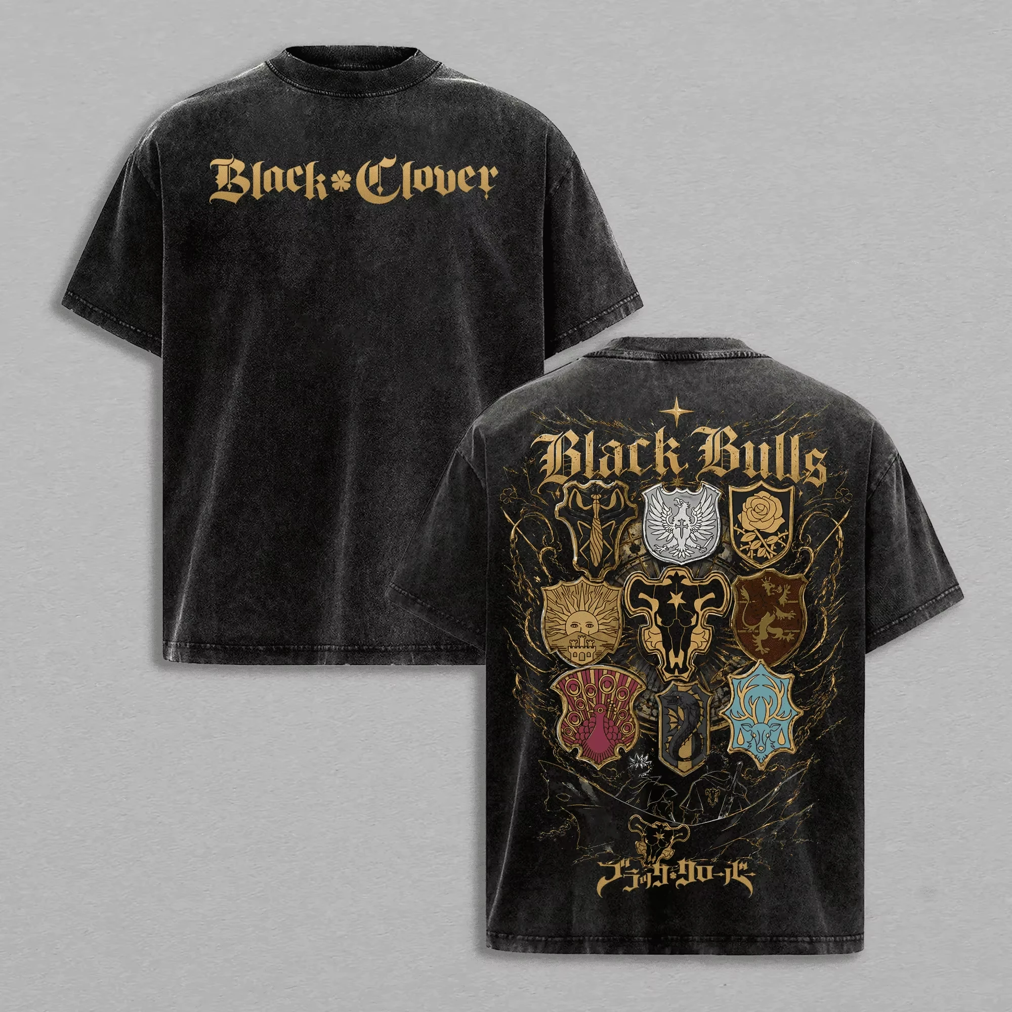 Camiseta de algodón Y2K con emblemas de Black Clover Black Bulls Magic Squad, diseño vintage lavado de doble cara, para entusiastas del anime, 2026