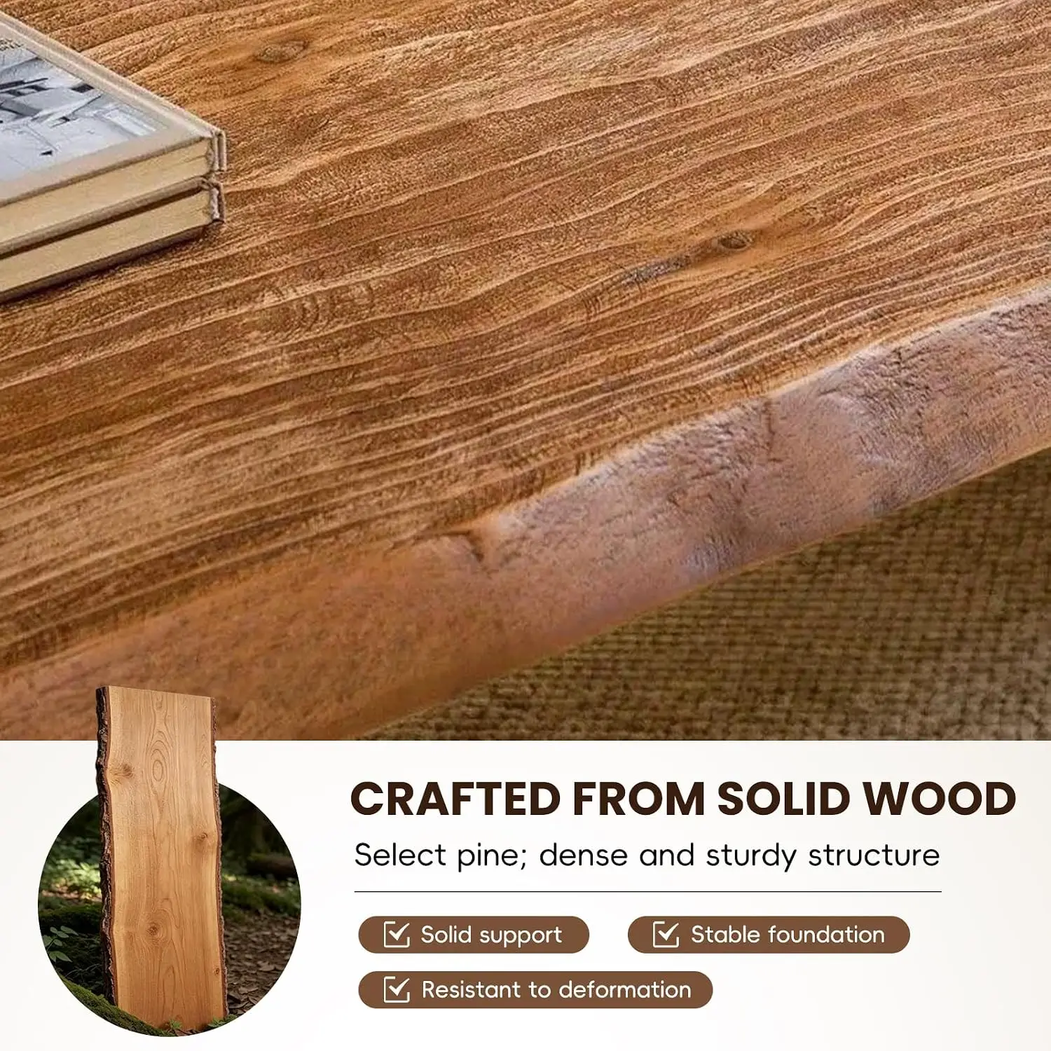 Solid Wood Coffee Table,Rustic Centre Table with Live Edge,Farmhouse Living Room Table,2 "Thick Tabletop,for Living Room,Lounge,
