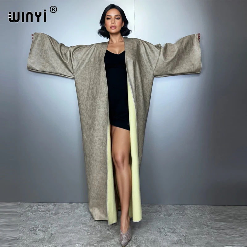 WINYI Winter Women Artificial leather cardigan Long Coat muslim woman dresses robe abaya dubai luxury Middle East Female KIMONO