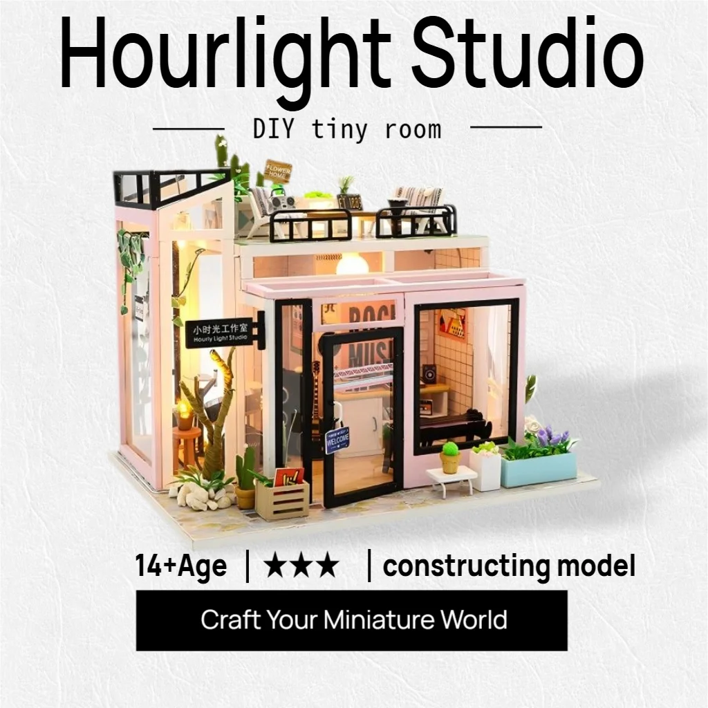 مجموعة أدوات بيت الدمى الخشبية ثلاثية الأبعاد من OUZEY - استوديو "استوديو الضوء المتغير" مع الأثاث ومنزل مصغر LED قابل للبرمجة وهدية العطلات