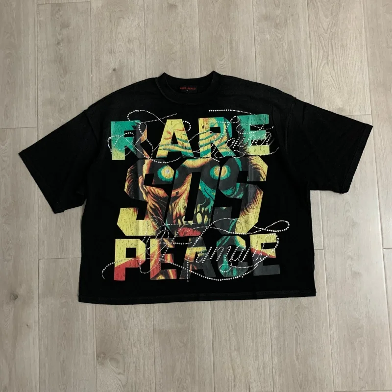 Summer Fashion RARE PEACE Save Our Souls Graphic Crop T-shirt Streetwear Oversized Fit Rhinestone Short-Sleeve T-shirt