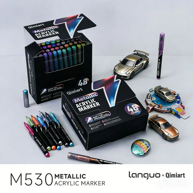 Languo 48Colors Metallic Color Brush Tip Acrylic Marker Pen for Gundam Scale Model Painting DIY Tools Rock Painting Stone