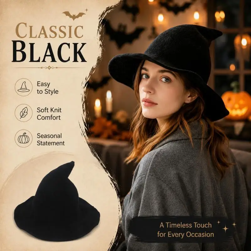 Women's Halloween Witch Hat Short Brim Pointed Wizard Style Costume Accessory Black Red Colors