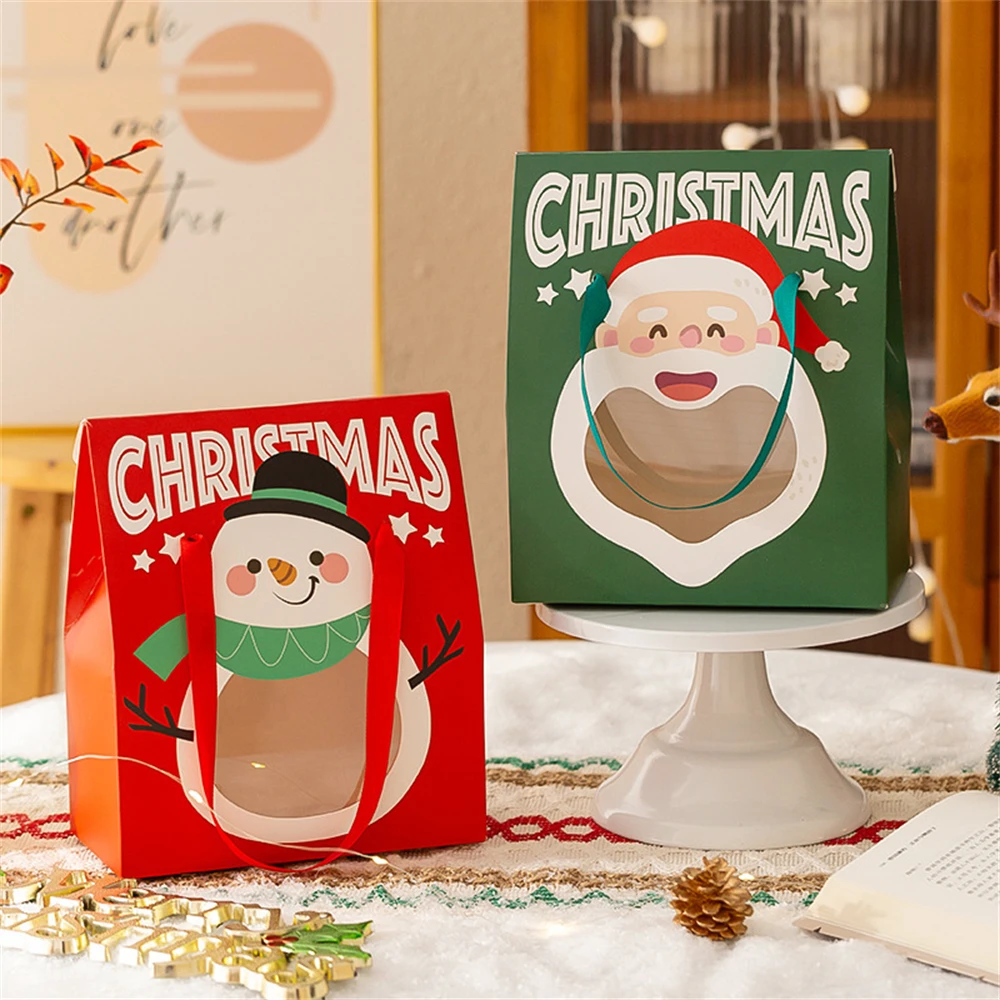 

Paper Box With Handle Christmas Theme Red Green Santa Window Box Party Decor Bag Reduct Tearing Risk Christmas Paper Handbag