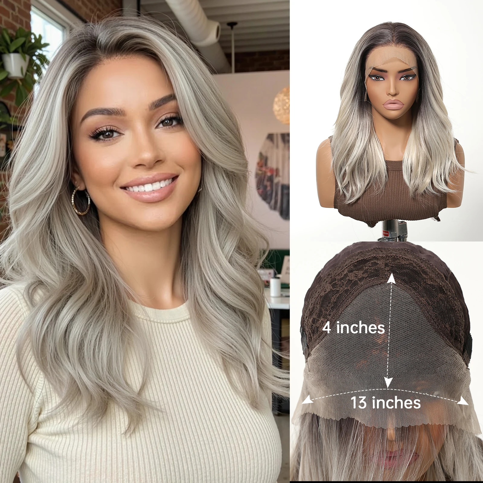 HENRY MARGU Dark Brown To Light Gold To Light Yellow Highlight Long Wavy Synthetic  13*4 Lace Natural Wig For Women Daily Use