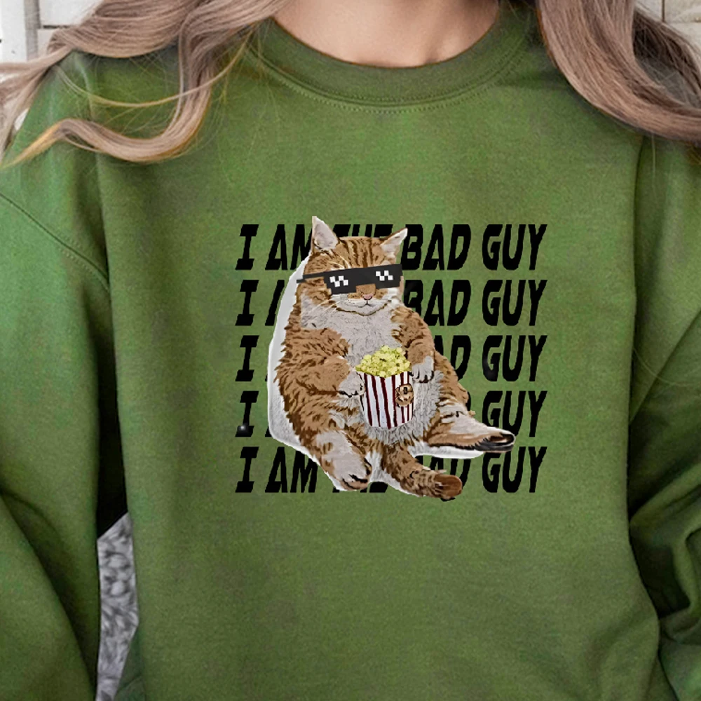 

Women's Sweatshirt Pullover Cute Cartoon Cat With Sunglasses I Am Bad Guy Casual Crewneck Fashionable 100% Cotton Hoodie