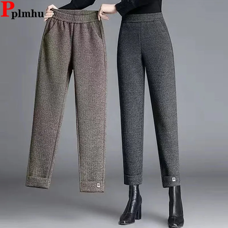 

Wool Blend Ankle Length Harem Suit Pants Winter Snown Wear Warm Formal Elastic High Waist Spodnie Women Casual Basic Pantalones