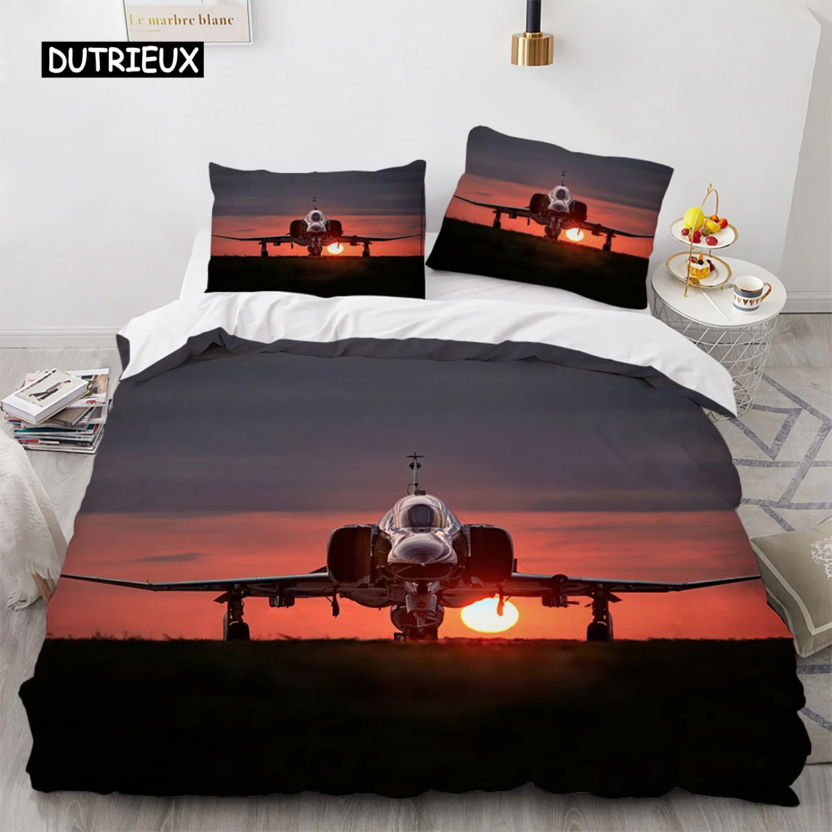 

Fighter Plane King Queen Duvet Cover Military Aircraft Theme Bedding Set Kids Boys Men Sunset Airplane Polyester Comforter Cover