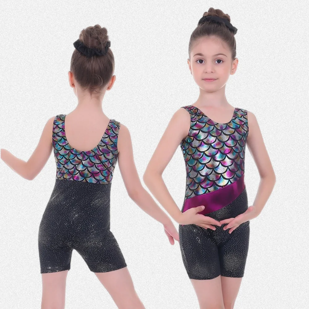 Gymnastik-Trikot für Mädchen mit Fischschuppen-Aufdruck, professioneller Übungsanzug, ärmellos, Ballett-Tanzbekleidung, Body, Performance-Kostüm