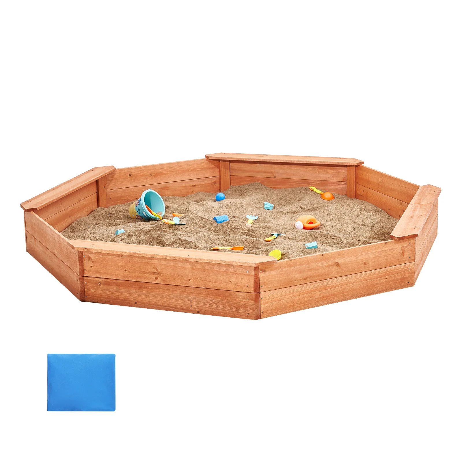 Wooden Sandbox with Cover, 75.6 x 75.6 x 9.1 in Octagonal Sand Box, Sand Pit with 4 Seating and Bottom Liner, Gift for Boys Girls Ages 3-12, Kids Sandbox for Outdoor Backyard, Beach, Park
