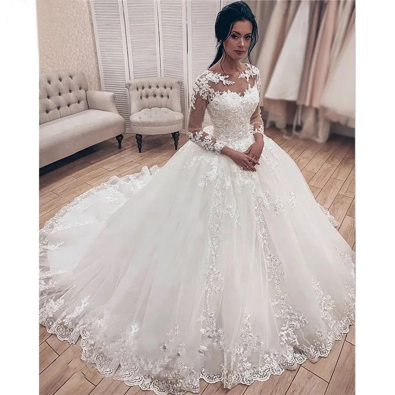 

High-neck Long-sleeved Wedding Dress Sen Department 2022 New Bride Simple Self-cultivation Puffy Tail Soft Yarn Lace Thin