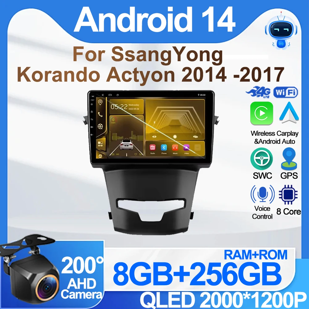 Car Android For SsangYong Korando Actyon 2014 -2017 GPS Navigation Dash Cam HDR QLED Screen Rear Camera Wifi Mirror Link BT DSP