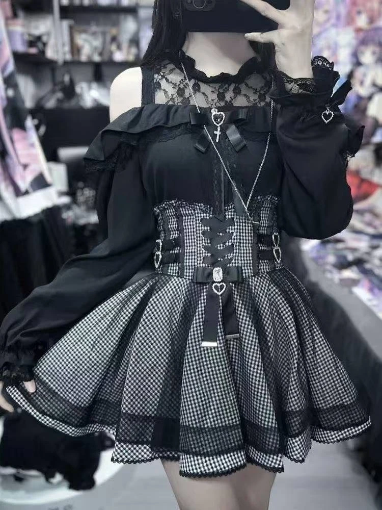 

Japanese Slim Mini Plaid Skirt Suit Gothic Y2k Lolita Style Skirt Set Women Vintage Lace Off Shoulder Long Sleeve Bow Shirt Tops