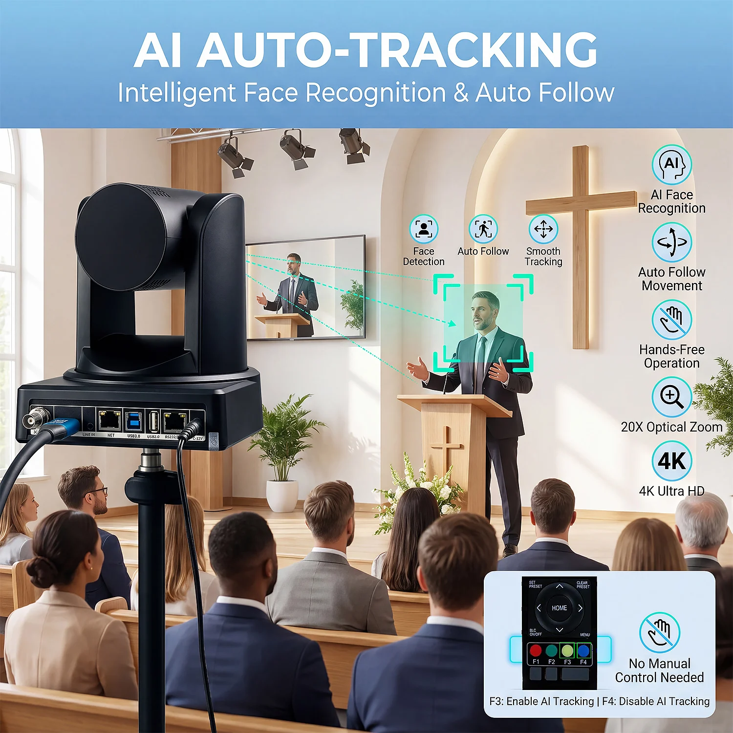 SZXLCOM PTZ Camera 4k POE  with AI Tracking 12x/20x Zoom HDMI USB ONVIF for Video Conferencing Telemedicine Live Broadcast