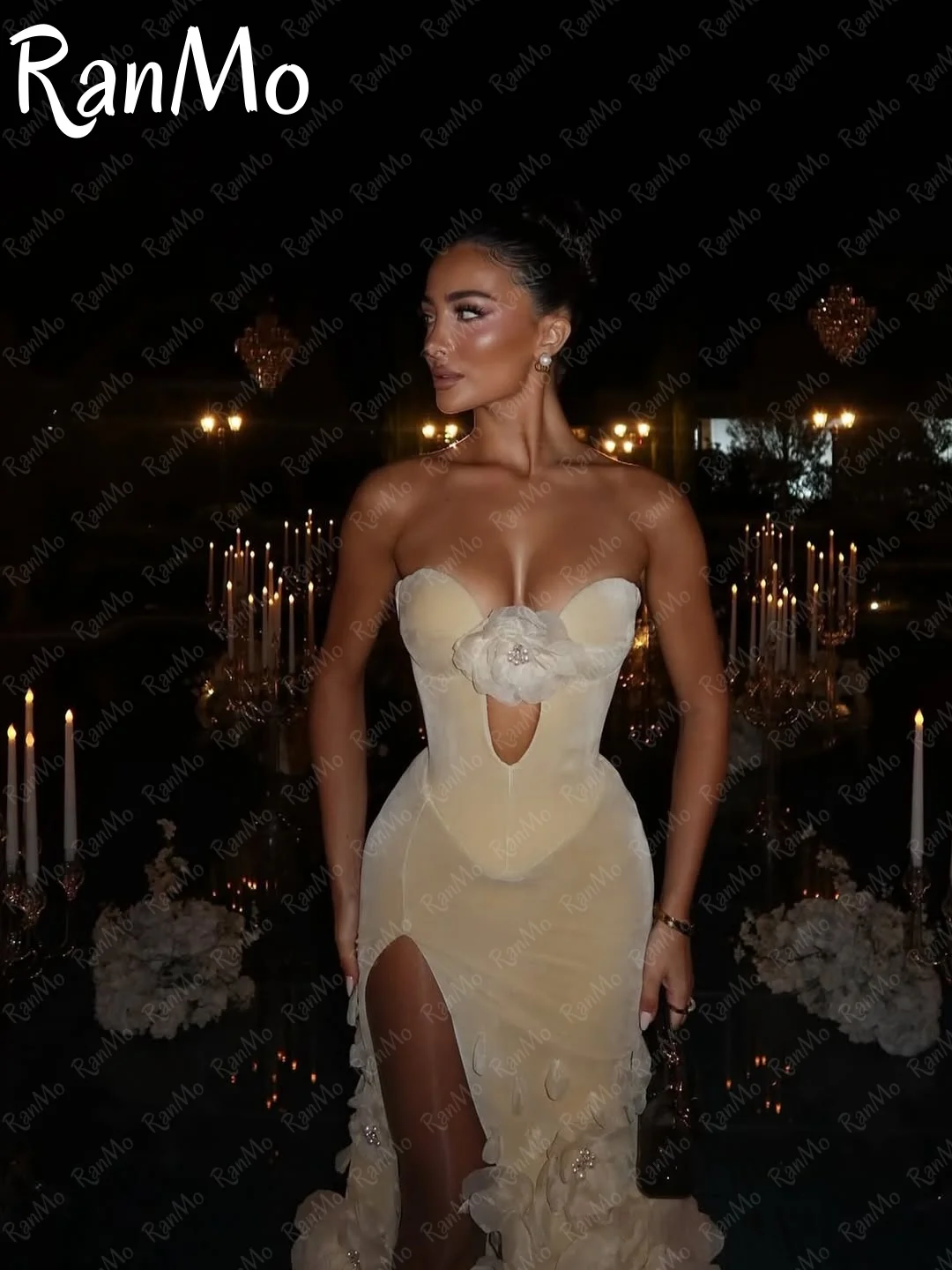 فستان سهرة من Ranmo بدون حمالات على شكل زهرة صفراء بدون أكمام فستان حفلات متدرج بفتحة جانبية بطول الأرض مخصص