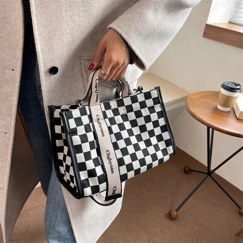 Fashion Houndstooth Tote Bag Women Canvas Small Handbags Casual Square Shoulder Bags Korean Style Female Summer Travel Handbags