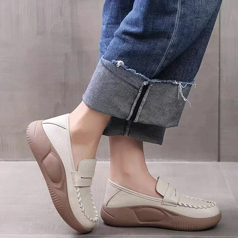 Casual Thick-Bottom Loafers Shoe for Women 2024 Spring/Autumn Round Toe Slip-on Comfortable Soft-soled Low-top Oxford Shoes