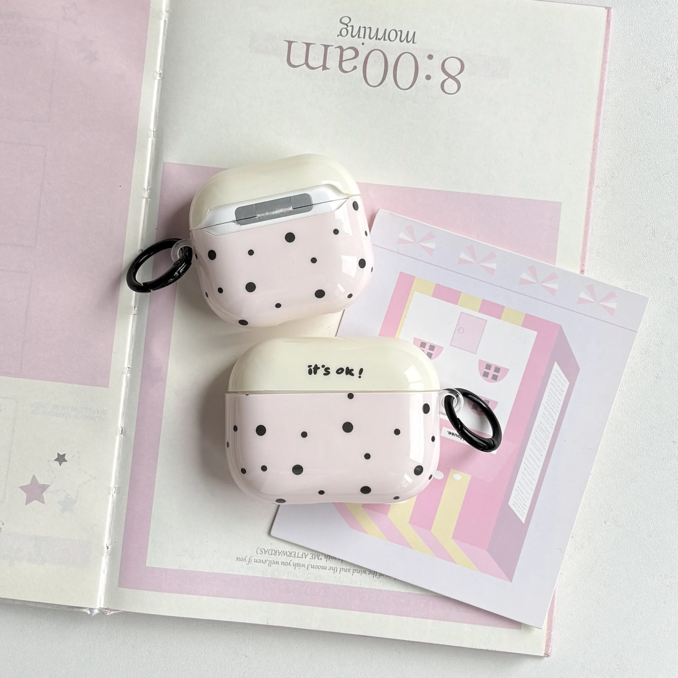 Simple Fashion Pink Black Polka Dot Pattern Protective Earphone Case Cover For AirPods 1 2 3 4 Pro Pro2 Pro3 with Black Ring