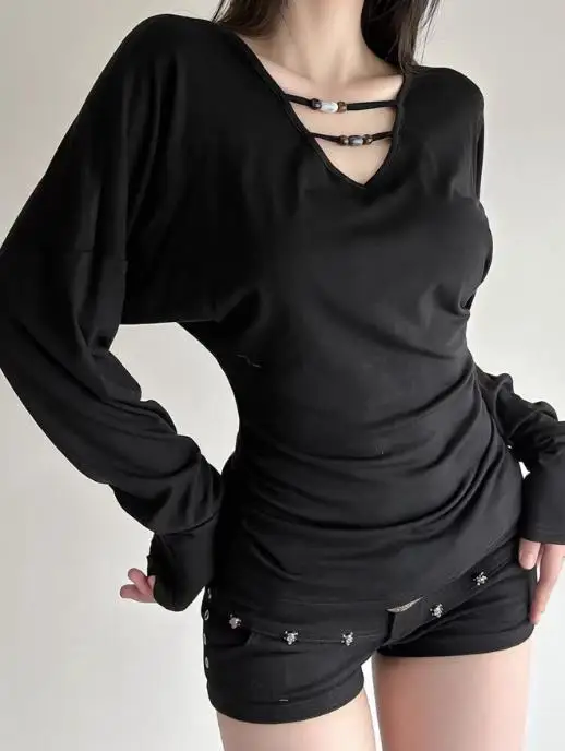 

Осень/зима 2022, элегантная новая модная повседневная модная футболка в стиле Y2K, приталенная модная футболка с v-образным вырезом, топ для женской одежды