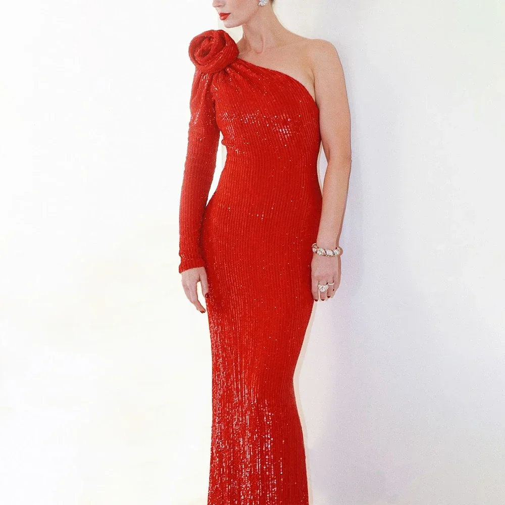 

Новое красное платье с одним рукавом, длинным рукавом, пайетками, сексуальное, с сетчатыми вставками, облегающее, для вечеринок, клубов, мероприятий, макси-платье, роскошное длинное платье