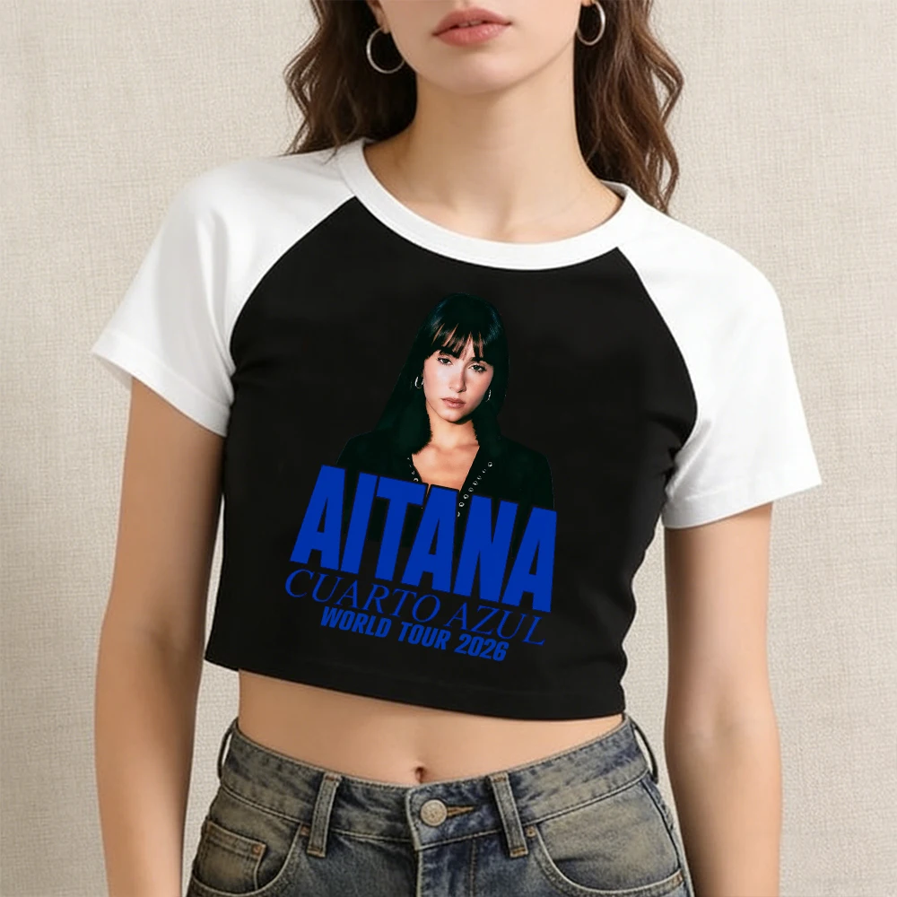 Camiseta Crop Top de la Cantante Aitana Cuarto Azul Tour 2026, Moda para Chicas, Camiseta de Manga Corta con Cuello Redondo para Mujer