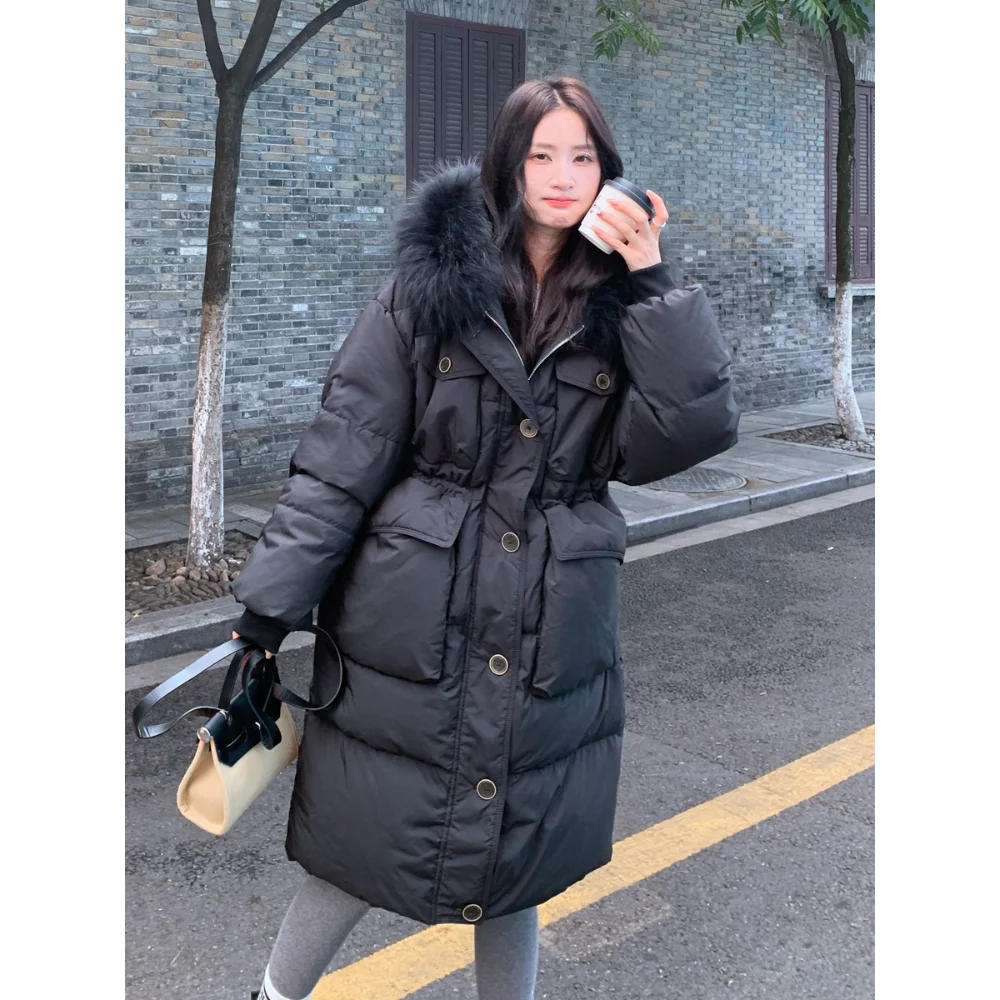 Women\'s White Duck Down Hooded Coat, Thickened Female Down Jacket, Long Section, Over the Knee, Hooded, Warmth, Winter