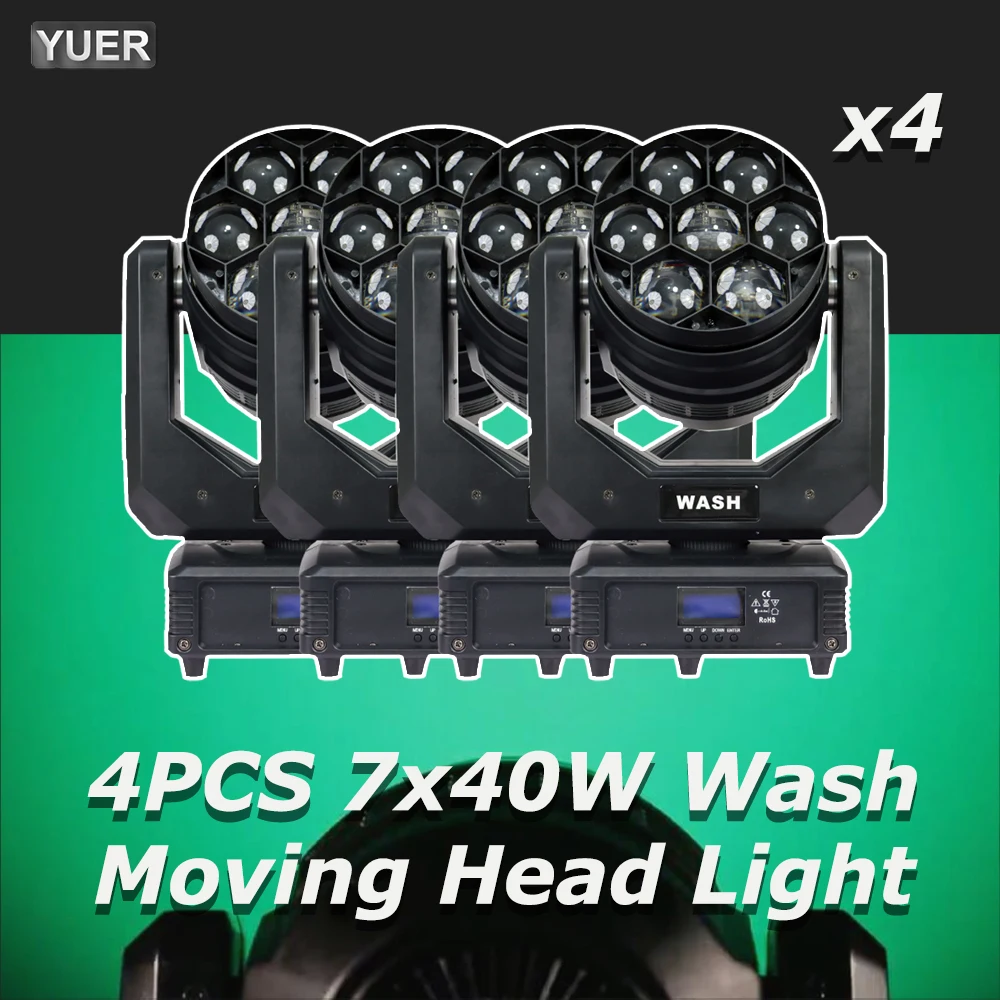 4Pcs/lot YUER Stage Light 7X40W RGBW ZOOM LED Moving Head Beam Wash Lights With DMX512 17CH For Wedding DJ Disco Muisc Party