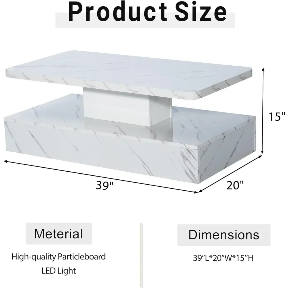 White Coffee Table with Storage, High Gloss Modern Coffee Table for Living Room, Marble Grain Wood Coffee Table