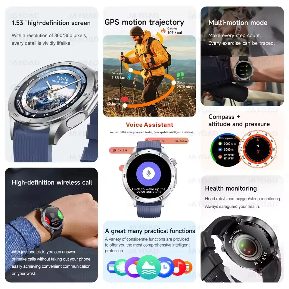 Jam Tangan Pintar Baru 2025 untuk OPPO X2 GPS Track Jam Tangan Pintar Pria Layar AMOLED Kompas Olahraga Kebugaran Tahan Air Panggilan Bluetooth Jam Tangan Pintar