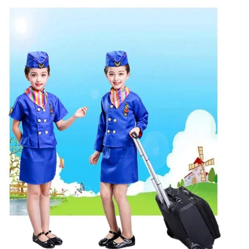 aa Bear House 002 2024 Kids Flight Attendent Cosplay Costumes Girls Stewardess Airline Service Uniforms Halloween Party WAT99 ★