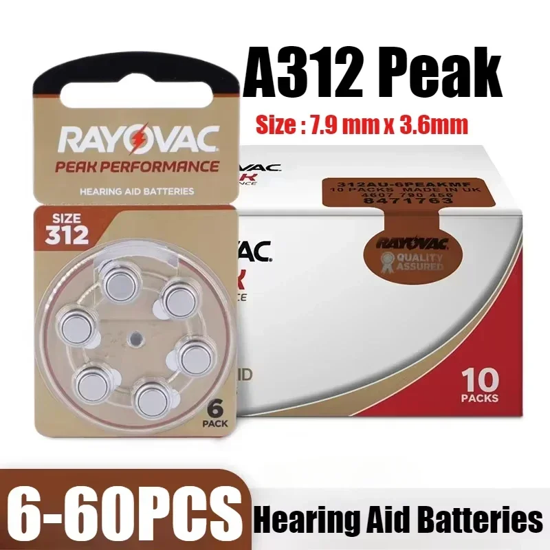 

Rayovac PEAK 312 312A A312 PR41 1.45V Hearing Aid Batteries 6-60PCS High Performance for BTE CIC RIC OE Hearing Aids