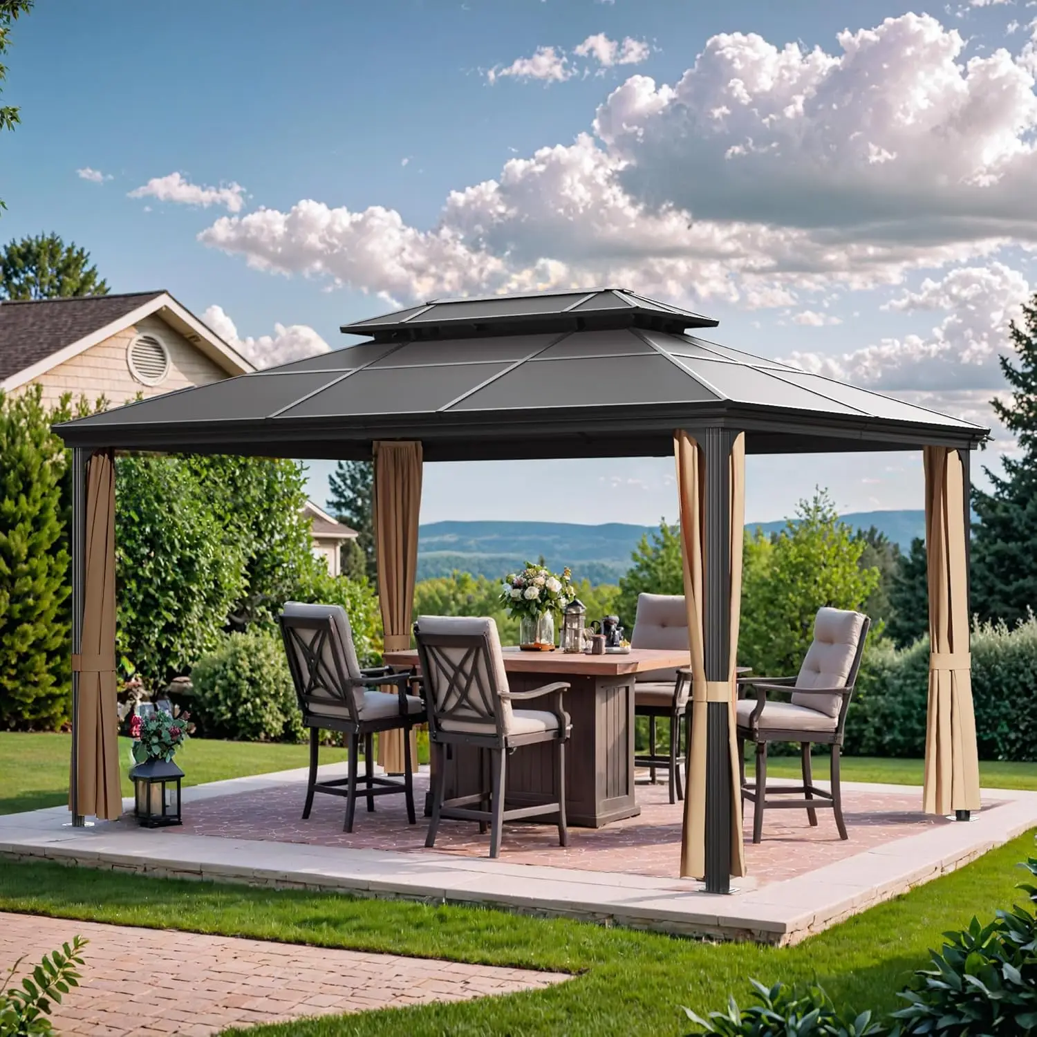 

Devoko 10x13FT Hardtop Gazebo, Double Polycarbonate Roof, Nettings, Curtains, Aluminum Frame for Patio, Garden, Lawn