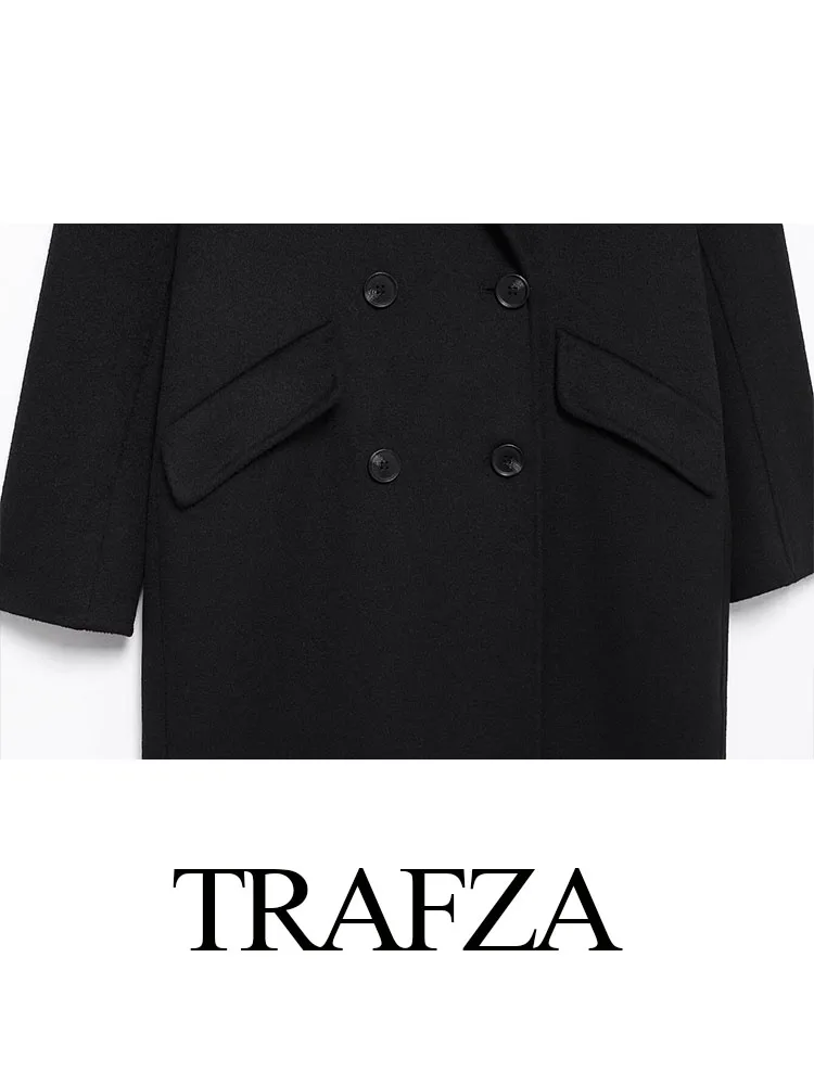 Trafza casacos soltos casuais de inverno feminino preto gola virada para baixo mangas compridas bolsos duplo breasted moda feminina casacos longos