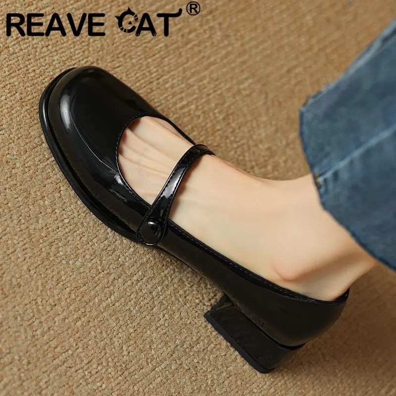 REAVE CAT Fashion Janes Pumps Women Round Toe Thick Heel 4.5cm Slip On Shallow Size 42 43 Daily Female Shoes