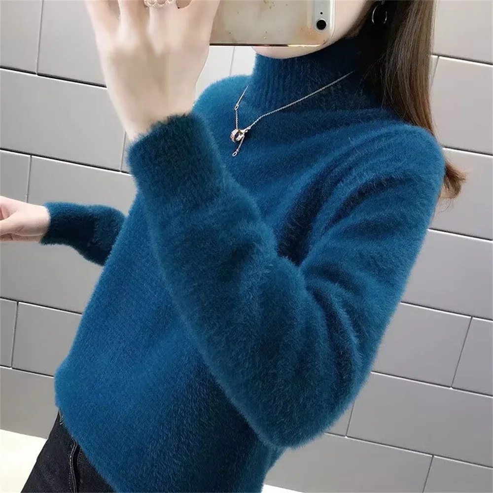 2024 Korean Fashion Autumn Winter Imitate Mink Wool Female Casual Sweater O-neck Long Solid Women Knitted Tops Elastic Pullovers