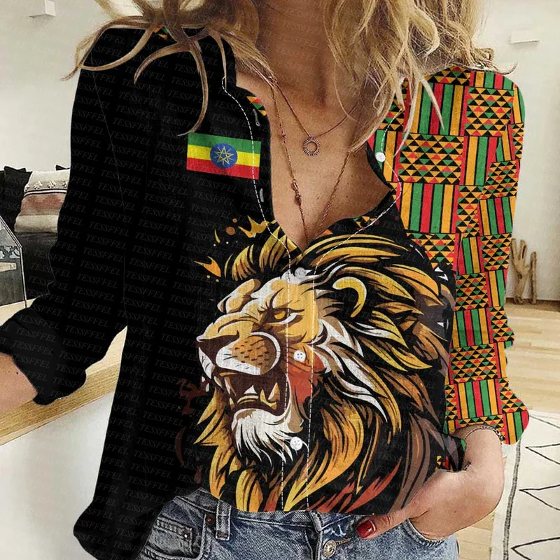 

Ethiopia County Flag Lion Reggae Africa Native Tribe Tattoo Retro 3DPrint Button-Down Shirts Long Sleeves Women Casual Shirts X2