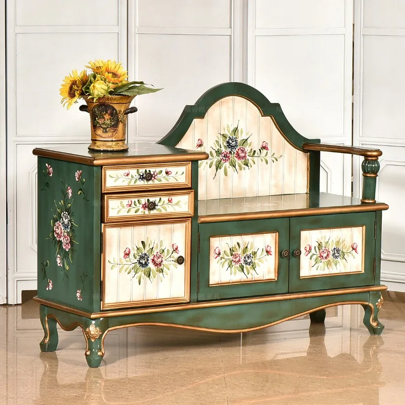 American rural hand-painted household practical shoe changing stool sitting storage cabinet