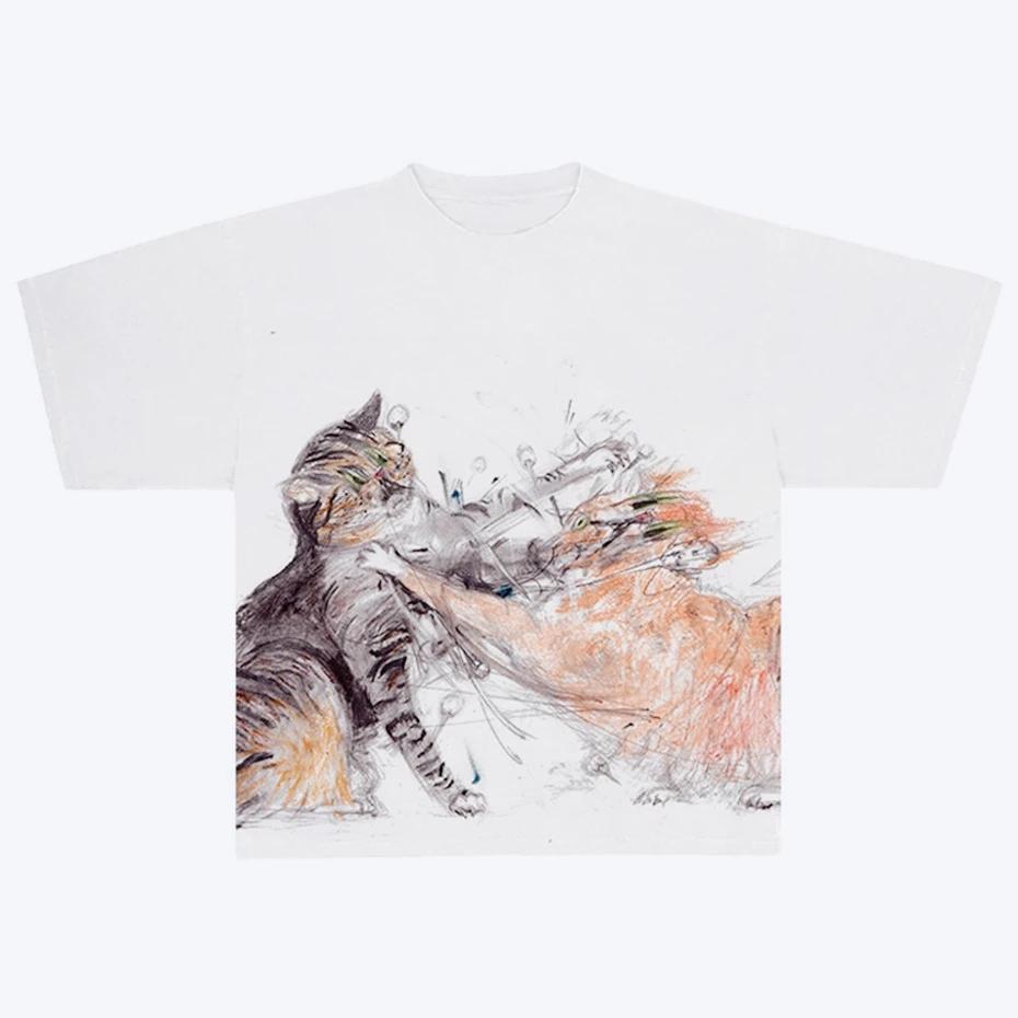 2026 Men Vintage Sketch Cat Graphic T‑Shirt Fighting Cats Art Print Short Sleeve Tees Y2K Oversized Streetwear Tops