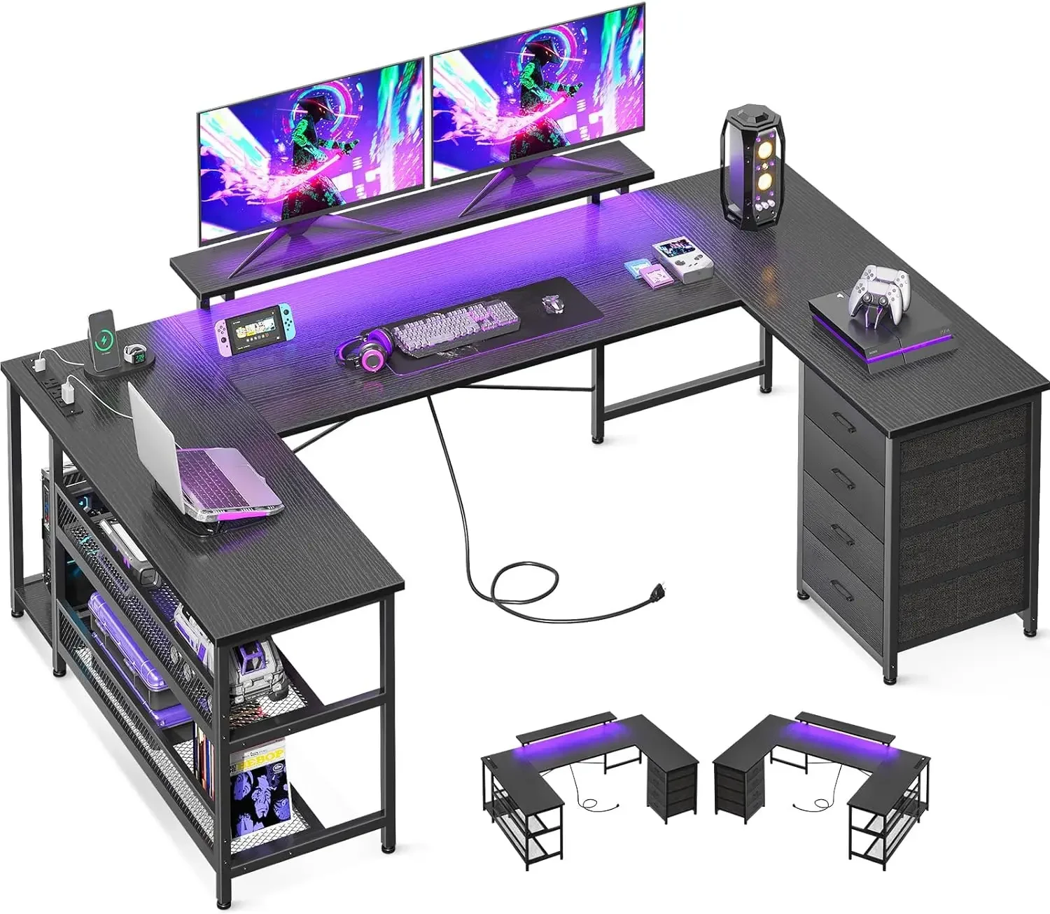 Mesa em forma de U com tomadas de energia, faixa de LED e suporte para monitor, mesa reversível em forma de L de 66" com gavetas e prateleira de armazenamento