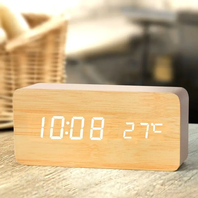 

Wooden Digital Alarm Clock, LED Alarm Clock with Temperature Desk Clocks for Office Bedside Clock