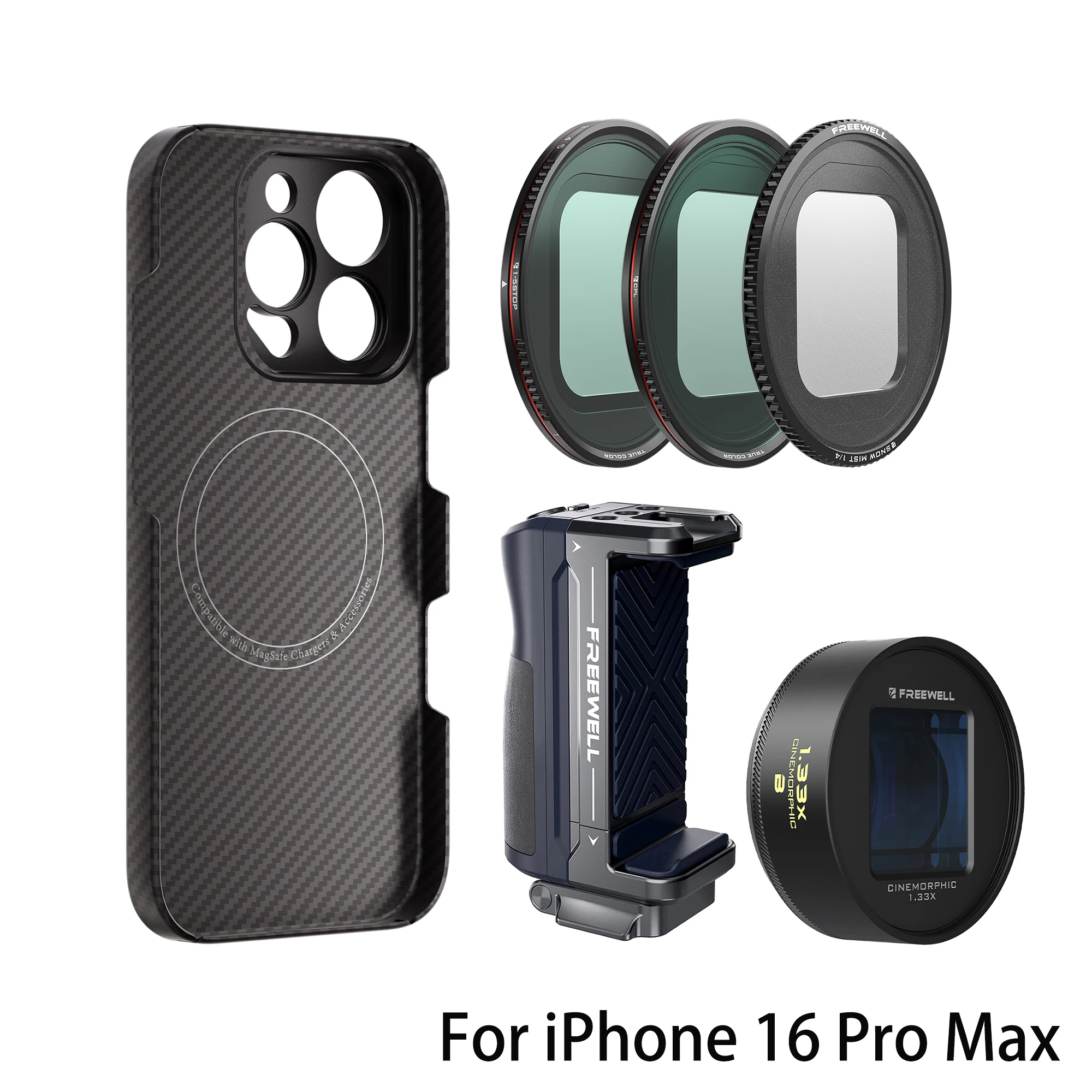Freewell Sherpa Mega-set met telefoonhoesje met 17 mm bevestiging, 1,33x blauwe anamorfe lens en VND-filter voor iPhone 18/17/16/15 Pro & Pro Max.