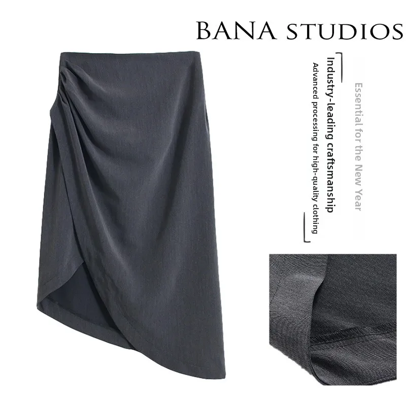 

BANA High Waist Asymmetrical Midi Skirt Women's Faionable Ele Versatile Pleated Side Slit Street Sle A-Line Skirt