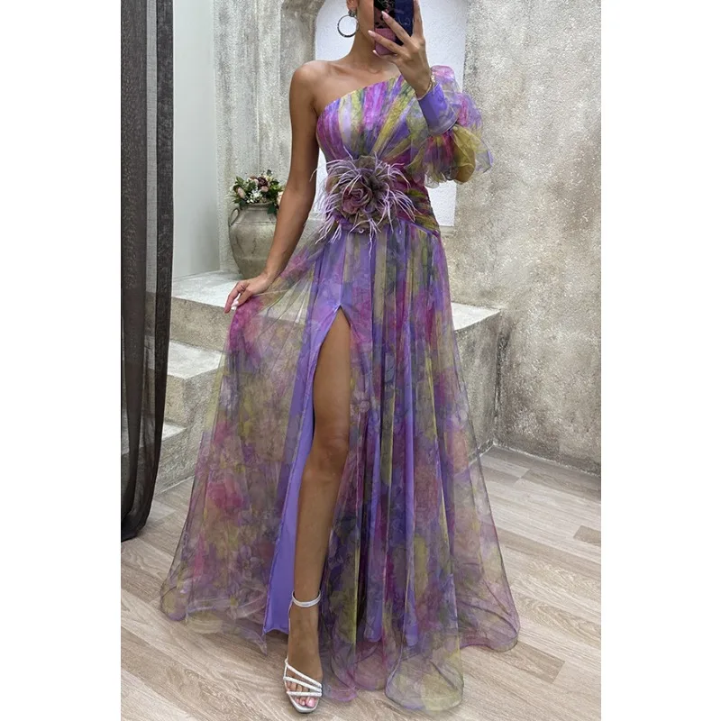 2024 Women\'s New Fashion Party Mesh Slant Shoulder Dress Elegant Ladies INS Casual Dresses Female Chiffon One Sleeve Dresses