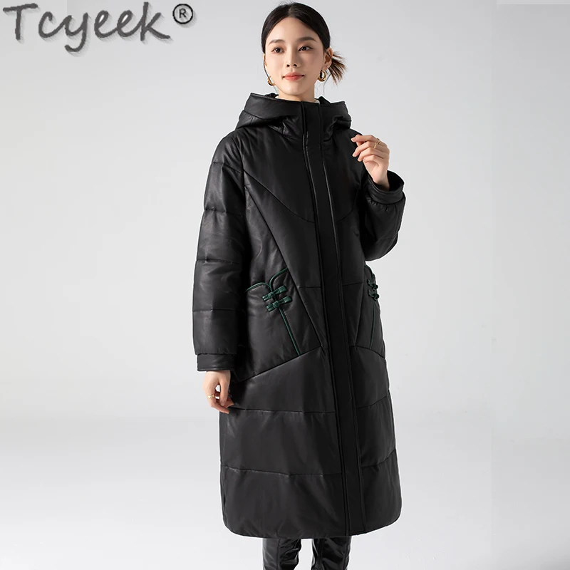 Tcyeek Piumino in vera pelle da donna Piumino d'anatra bianco Giacche invernali Cappotto lungo in vera pelle di pecora stile per abiti da donna con cappuccio