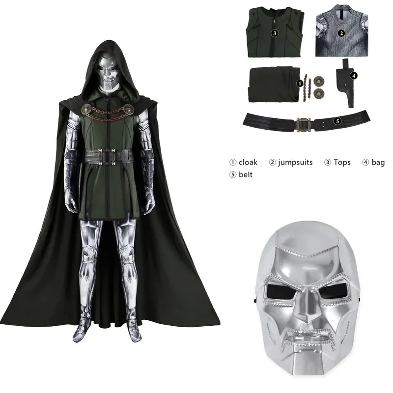 Costume cosplay Dr Doom nero, gilet, tuta, casco, set completo e articoli individuali venduti, abito da uomo di Halloween su misura