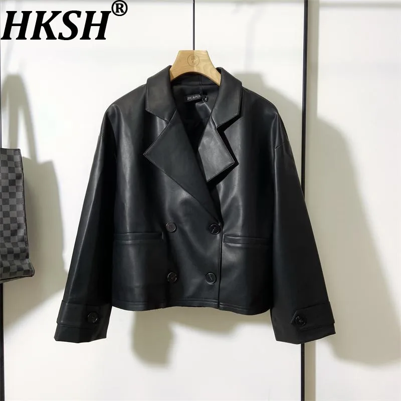

HKSH Autumn Winter New Men Tide Dark Ins Yamamoto Niche Design Suit Collar Double Breasted Chic Leather Jacket Punk Coat HK14389