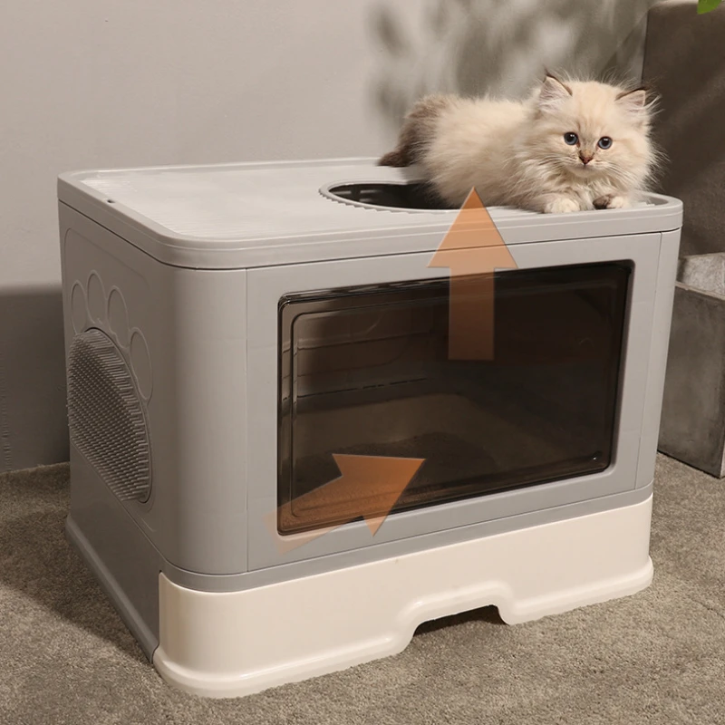 Foldable Cat Litter Box with Massager Scoop Top Entry & Front Entry Design Enclosed Kitty Toilet for Easy Cleaning Pet