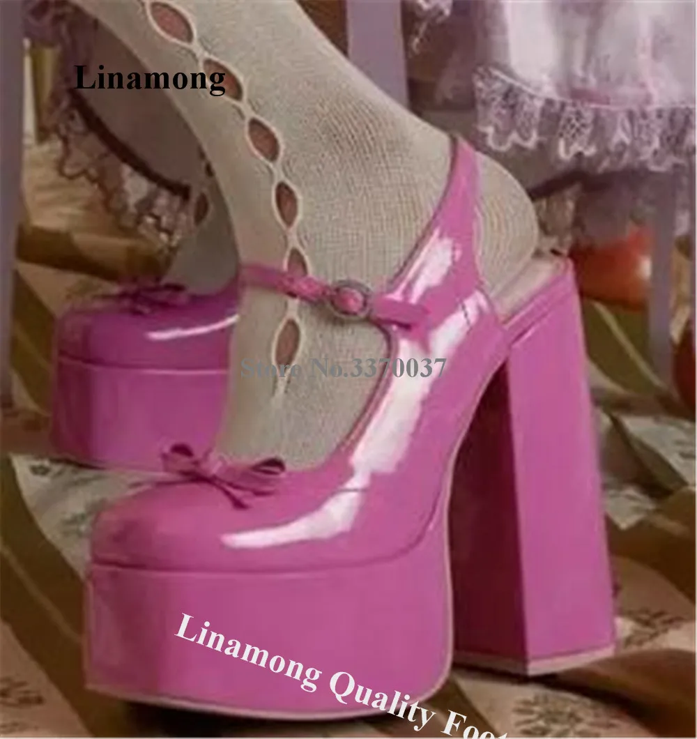 

Linamong Newest Pink Patent Leather Chunky Heel Pumps Round Toe Bowties High Platform Thick Heel Wedding Shoes Big Size